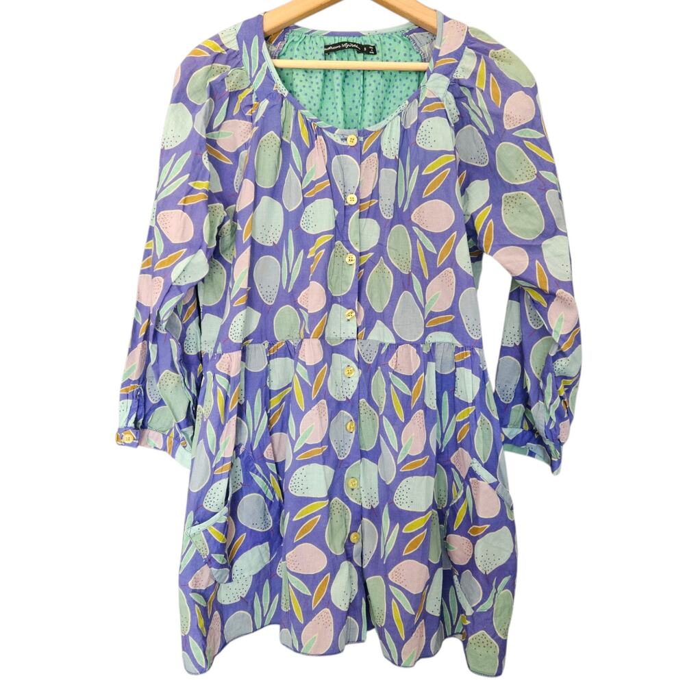 Women's Gudrun Sjoden Tunic Blouse Purple Multicolor Fruit Print 100% Cotton S